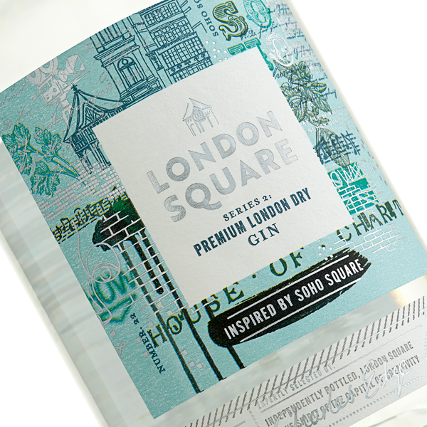 A close up of London Square Premium London Dry Gin front label