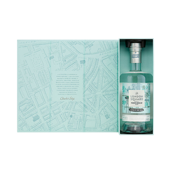 A bottle of London Square Premium London Dry Gin, inside the gift box. The gift box has is open and shows a historic OS map of London