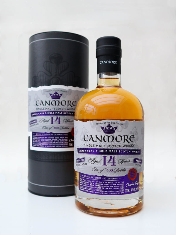 Bottle and gift tube of Canmore Single Cask Scotch Whisky - Craigellachie 14 Year Old