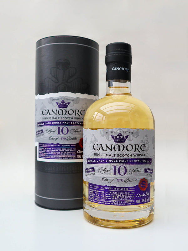 Bottle and gift tube of Canmore Single Cask Scotch Whisky - Glenrothes 10 Year Old