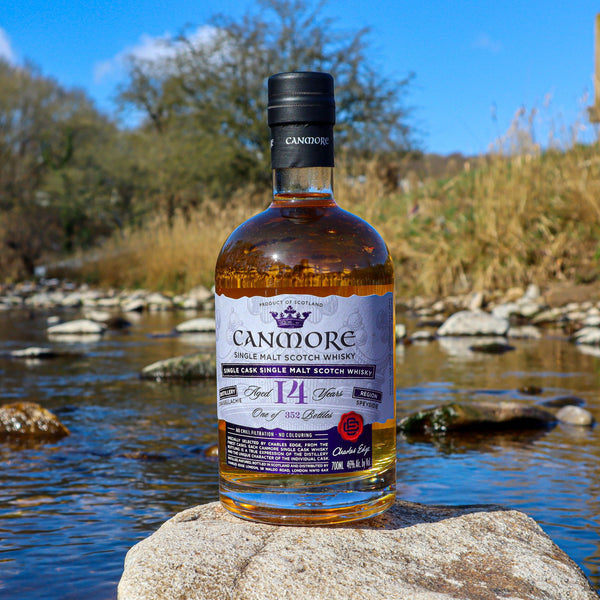 Canmore Single Cask Scotch Whisky Craigellachie 14 Year Old on a river bank