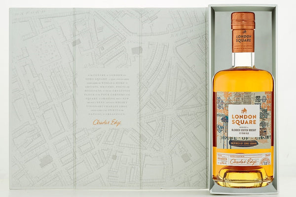 A bottle of London Square 12 Year Old Blended Scotch Whisky, inside the gift box. The gift box has is open and shows a historic OS map of London